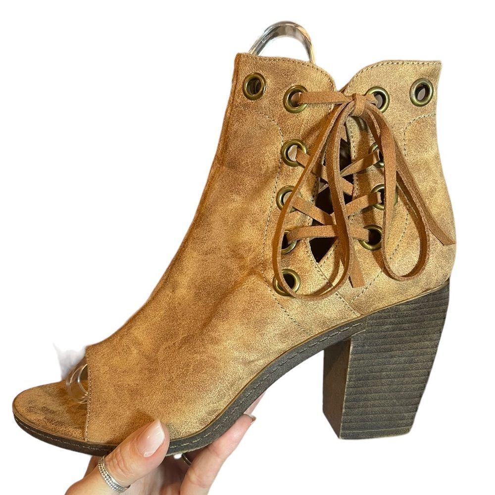 93 Vintage Womens Open Toe Ankle Boots Lace Up Tan Side Zip Vegan 9.5
